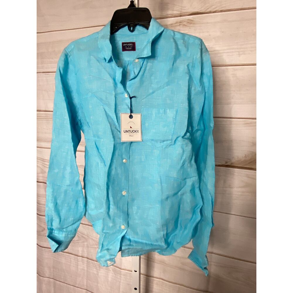 Brand New Untuckit Women's Size 0 Blush Aqua Blue Button Down Top Shirt